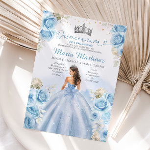 Convites Dusty Blue Princess Floral Silver Quinceañera