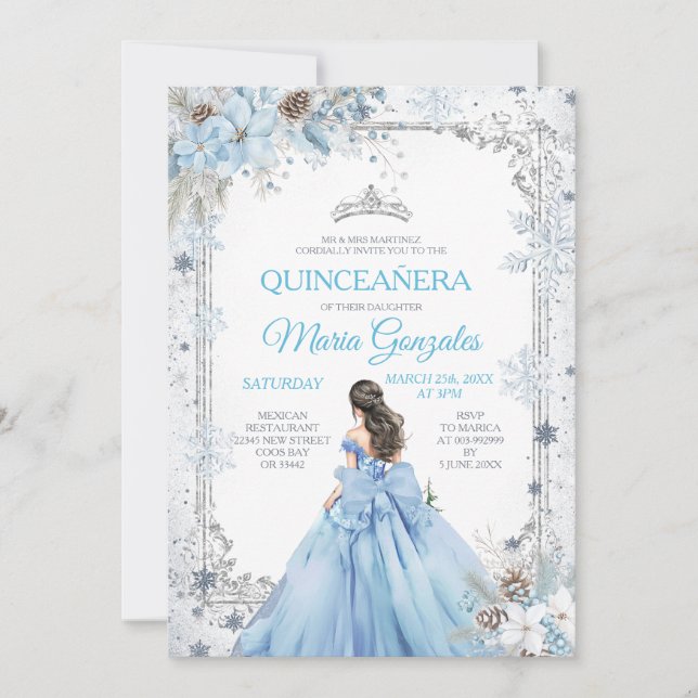 Convites Dusty Blue Princess Floral Winter Snow Quinceañera (Frente)