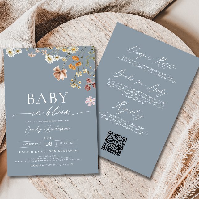 Convites Dusty Blue QR Code Wildflower Baby in Bloom (Criador carregado)