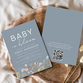 Convites Dusty Blue QR Code Wildflower Baby in Bloom Chá