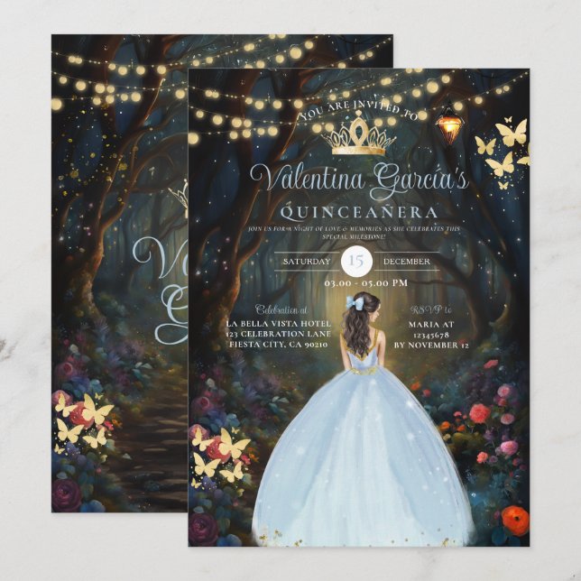 Convites Dusty Blue Quinceañera 15 Anos Fores Flores Dourad (Frente/Verso)