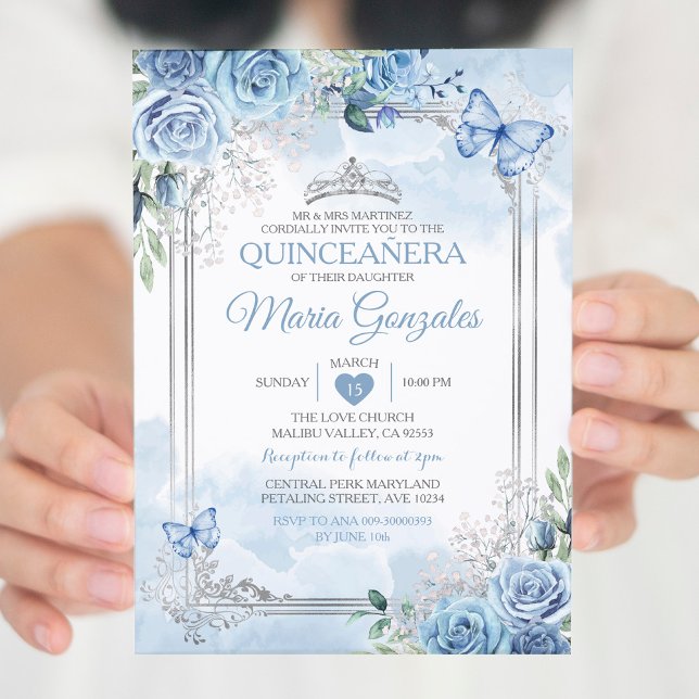 Convites Dusty Blue Quinceañera Silver Crown Butfly (Criador carregado)