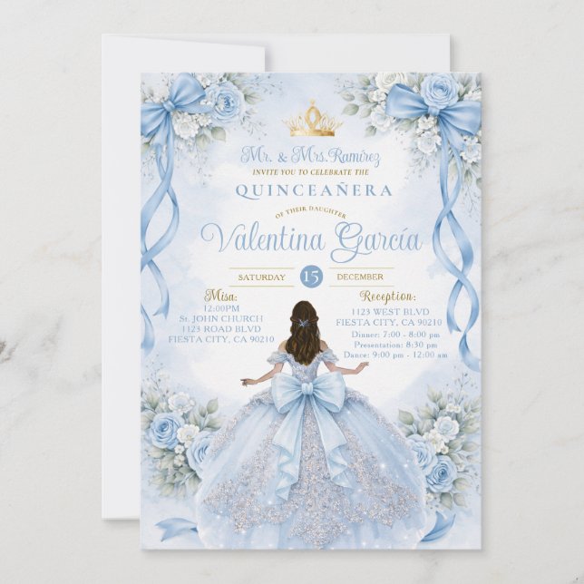 Convites Dusty Blue Quinceañera with Bow (Frente)