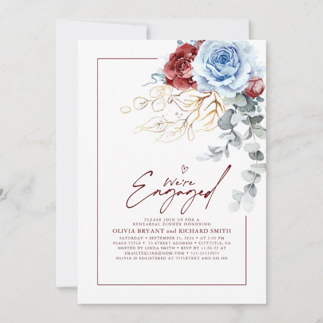 Convites Dusty Blue Red Floral Engagement Party Photo (Frente)