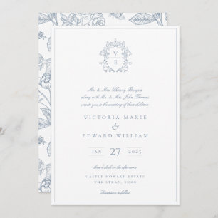 Convites Dusty Blue Regency Crest Casamento Monograma