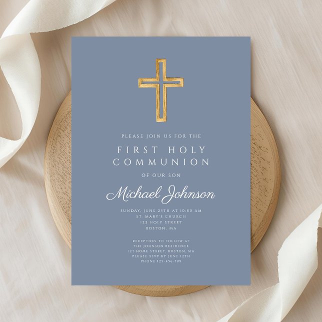 Convites Dusty Blue Religious Cross Boy First Communion (Dusty Blue Religious Cross Boy First Communion Invitation)