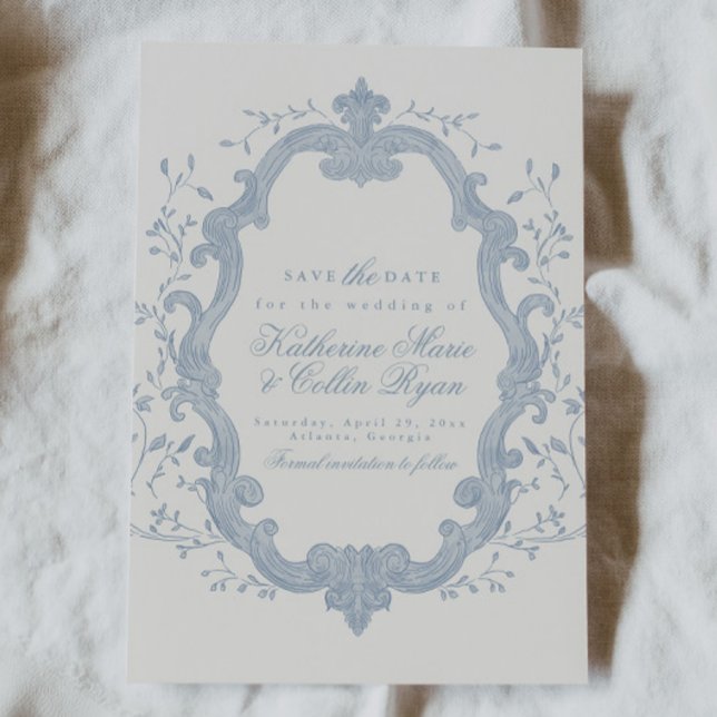 Convites Dusty Blue Rococo Save The Date Card (Criador carregado)