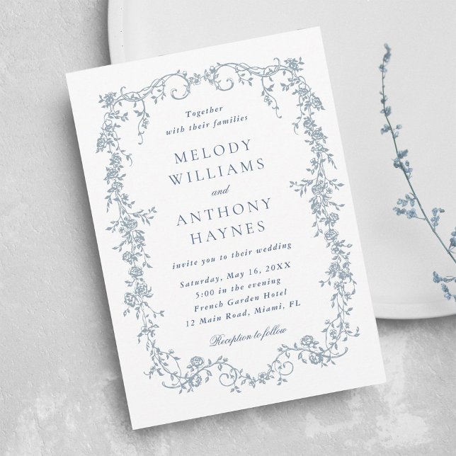 Convites Dusty Blue Romantic French Floral Wedding  (Criador carregado)