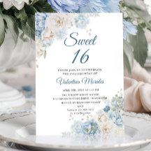 Dusty Blue Rosa Flores de Marfim Sweet Sixteen 16