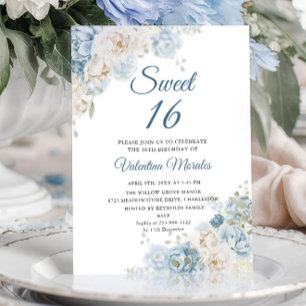 Convites Dusty Blue Rosa Flores de Marfim Sweet Sixteen 16