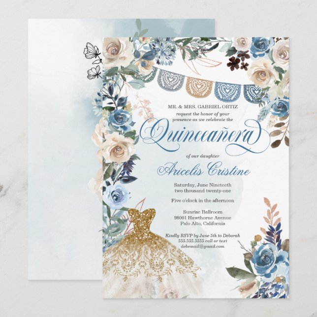 Convites Dusty Blue Rosa Papel Picado Country Quinceañera (Frente/Verso)