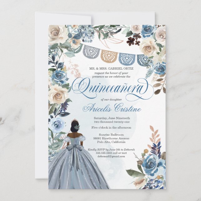 Convites Dusty Blue Rosa Rustic Country Quinceañera (Frente)
