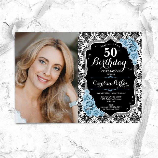 Convites Dusty Blue Rosas Black Damask Foto 50th Birthday (Criador carregado)