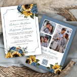 Convites Dusty Blue Rosas Girassóis Foto QR Código Casament<br><div class="desc">Incêndio aos seus convidados com este elegante convite para casamento, com buquê de flores rústicas e tipografia moderna, com o Código QR para RSVP online. Basta adicionar os detalhes do seu evento neste modelo fácil de usar e adorar este cartão com as suas fotografias favoritas para o tornar um convite...</div>