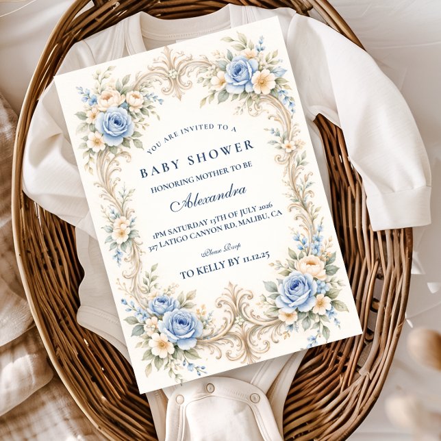 Convites Dusty Blue Rose Baroque Baby Shower (Criador carregado)