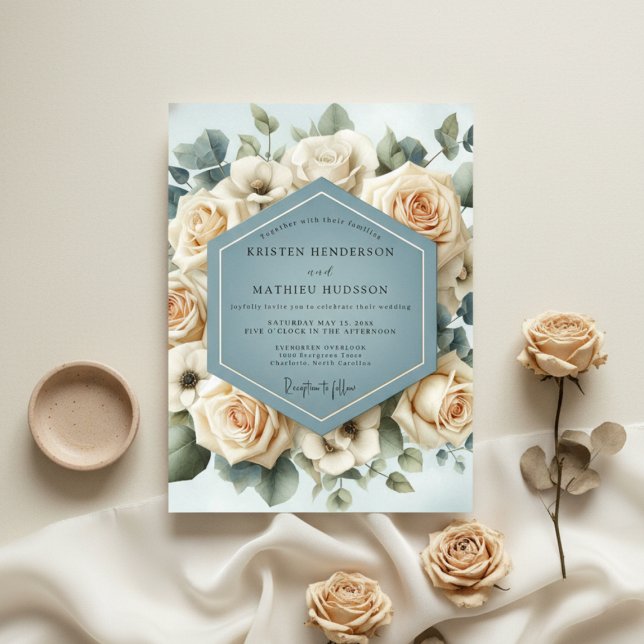 Convites Dusty Blue Rose Bloom Wedding (Criador carregado)