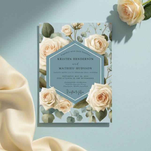 Convites Dusty Blue Rose Botanical Wedding (Criador carregado)