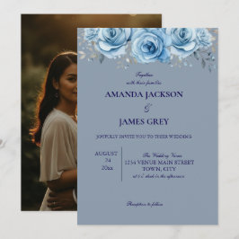 Convites Dusty Blue Rose Floral Photo Back Wedding 