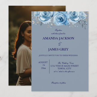 Convites Dusty Blue Rose Floral Photo Back Wedding 