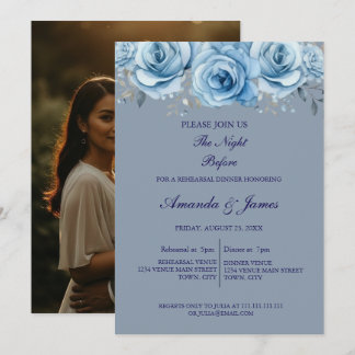 Convites Dusty Blue Rose Floral Photo Rehearsal Dinner 