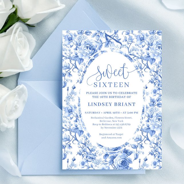 Convites Dusty Blue Roses Digital Sweet 16 Invitation (Dusty Blue Roses Digital Sweet 16 Invitation)