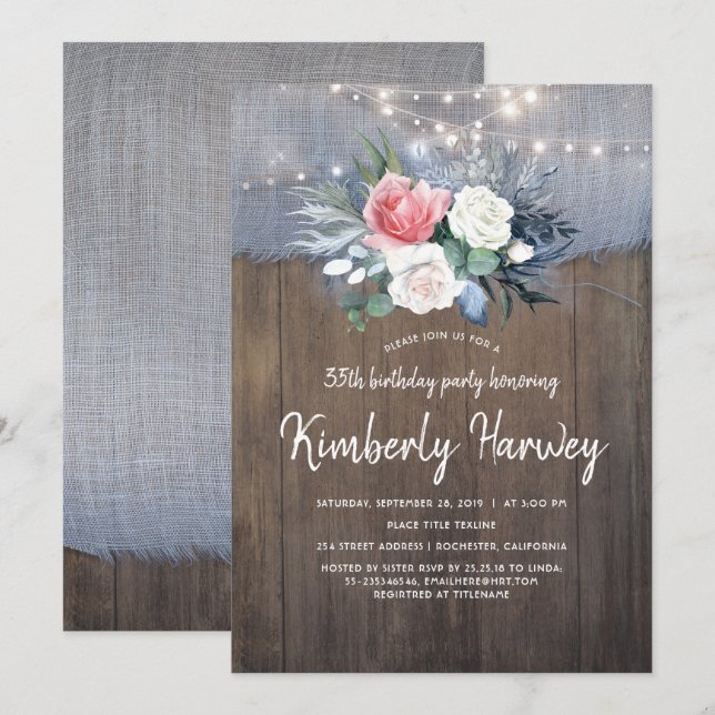 Convites Dusty Blue Rustic Country Floral Birthday (Frente/Verso)
