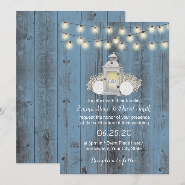 Convites Dusty Blue Rustic Lantern & String Lights Casament (Frente/Verso)