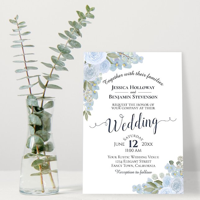 Convites Dusty Blue Rustic White Watercolor Casamento Flora (Criador carregado)