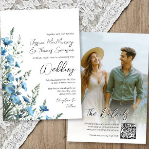 Convites Dusty Blue Sage Boho Wildflower Foto QR Weding