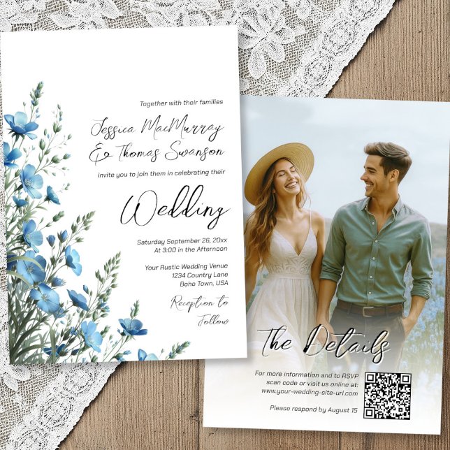 Convites Dusty Blue Sage Boho Wildflower Foto QR Weding (Front/Back)