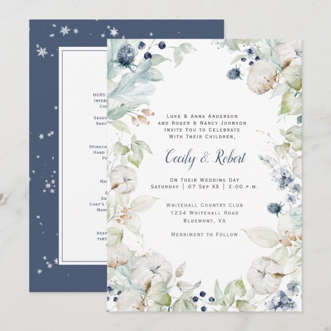 Convites Dusty Blue Sage Green Floral Weding w/Menu (Frente/Verso)