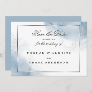 Convites Dusty Blue Script Silver Salve a Data