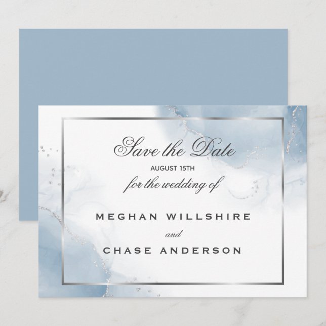 Convites Dusty Blue Script Silver Salve a Data (Frente/Verso)