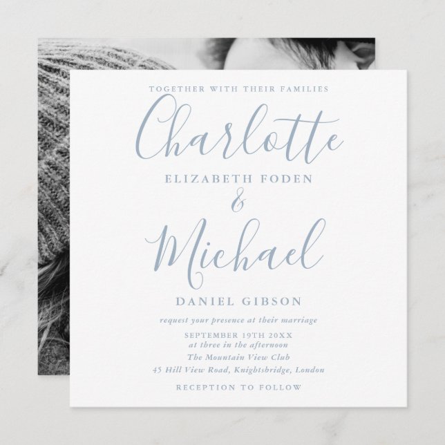 Convites Dusty Blue Signature Photo Square Wedding (Frente/Verso)