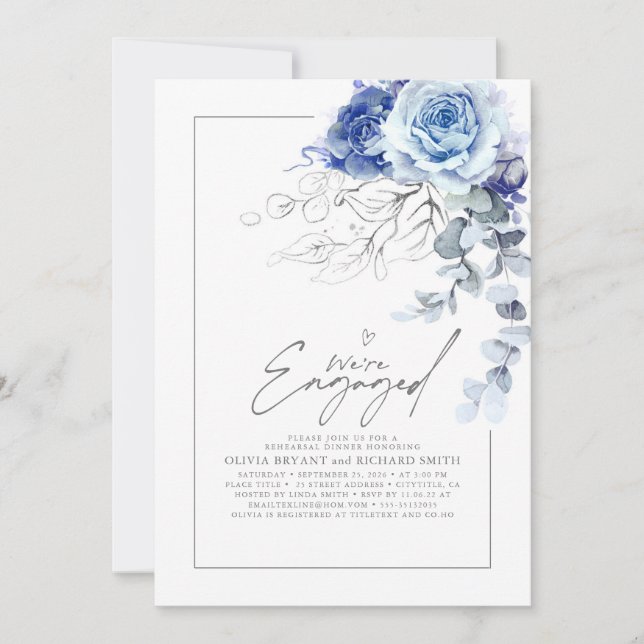 Convites Dusty Blue Silver Floral Engagement Party Photo (Frente)