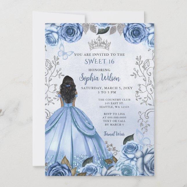 Convites Dusty Blue Silver Floral Princess SWEET 16 (Frente)