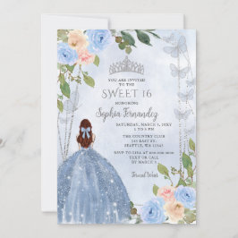 Convites Dusty Blue Silver Floral Princess Sweet 16
