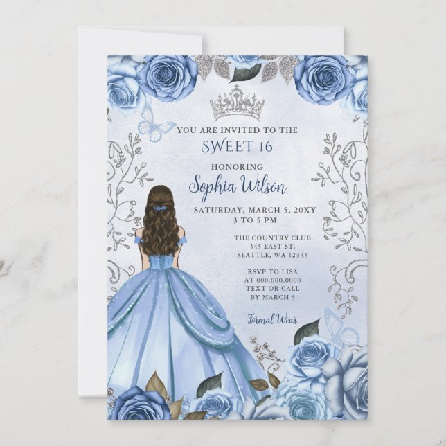 Convites Dusty Blue Silver Floral Princess Sweet 16 (Frente)