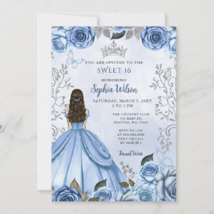 Convites Dusty Blue Silver Floral Princess Sweet 16