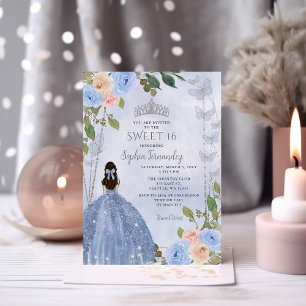 Convites Dusty Blue Silver Floral Princess Sweet 16