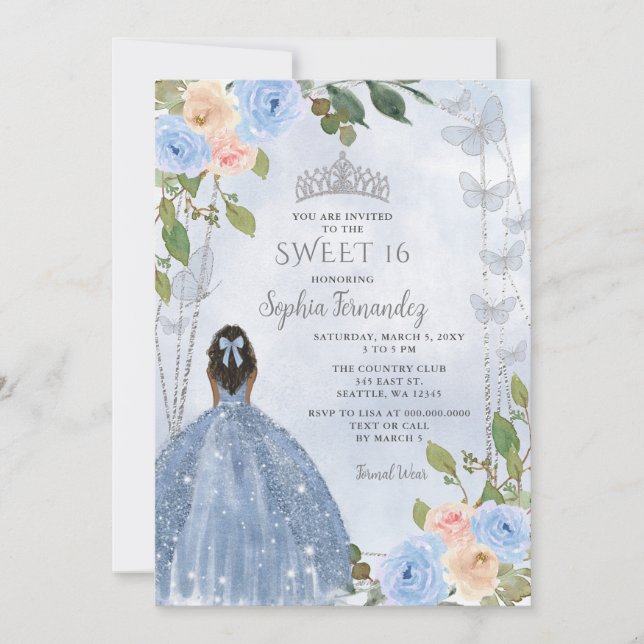 Convites Dusty Blue Silver Floral Princess Sweet 16 (Frente)