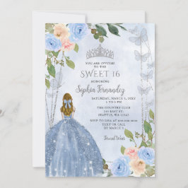 Convites Dusty Blue Silver Floral Princess Sweet 16