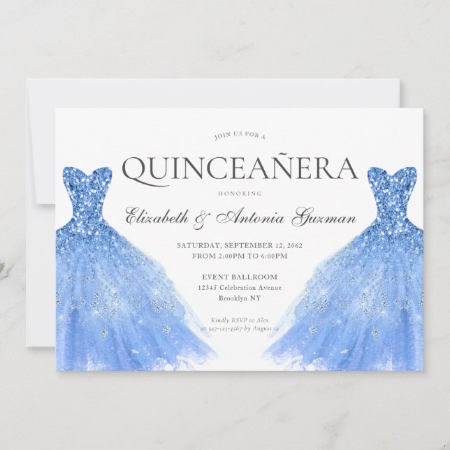 Convites Dusty Blue Silver Glitter Twin Quinceanera (Frente)