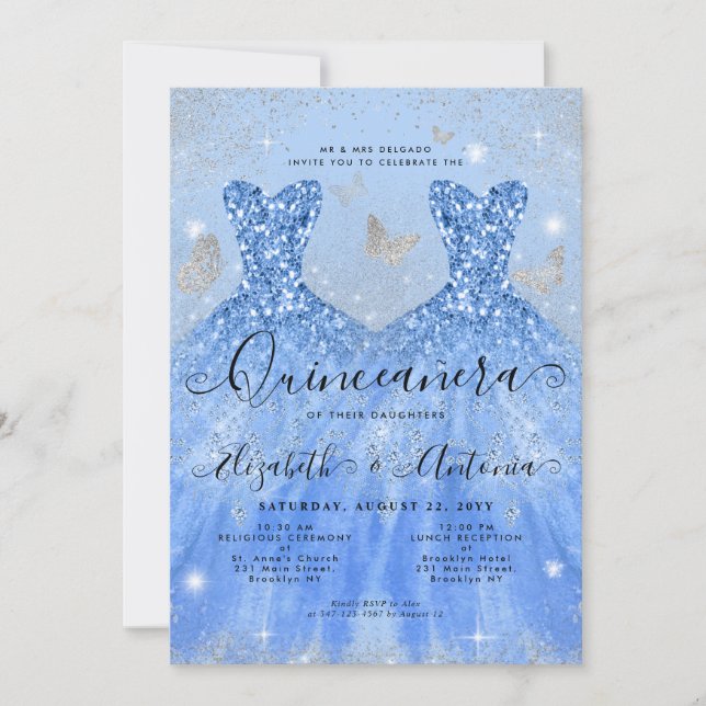 Convites Dusty Blue Silver Glitter Twin Quinceanera (Frente)