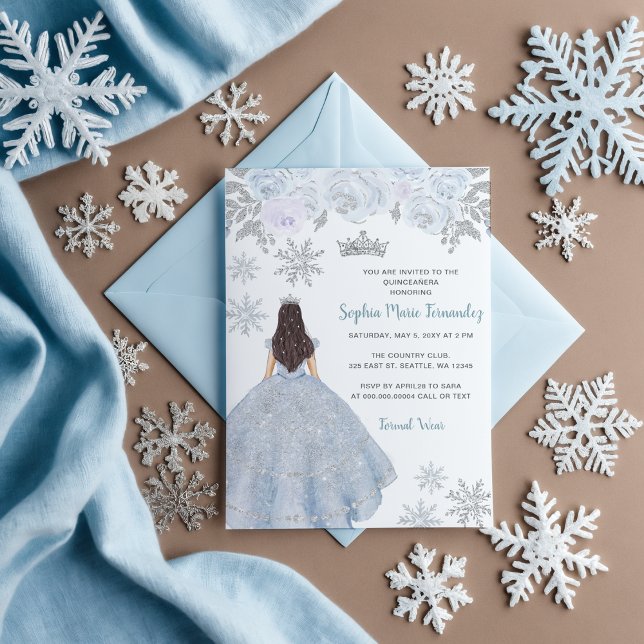 Convites Dusty Blue Silver Glitter Vestido Inverno Quinceañ (Dusty Blue Silver Glitter Dress Winter Quinceañera Invitation)