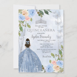 Convites Dusty Blue Silver Princesa Floral Quinceañera