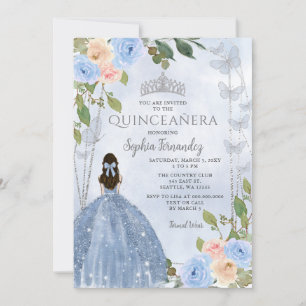 Convites Dusty Blue Silver Princesa Floral Quinceañera