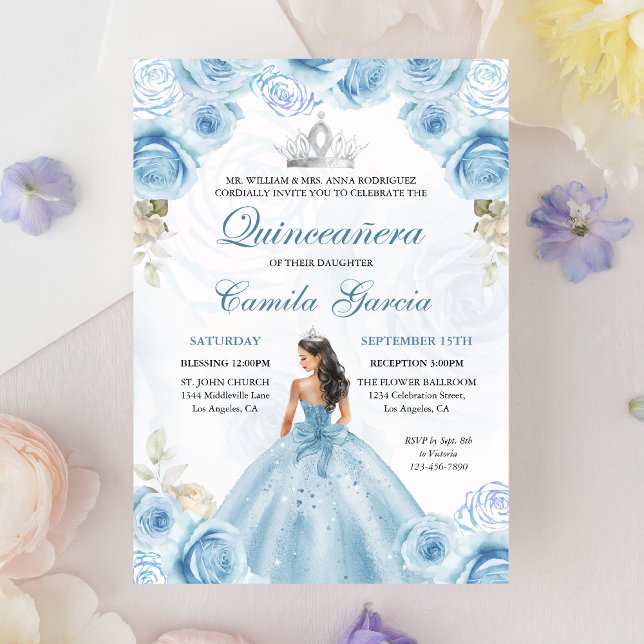 Convites Dusty Blue & Silver Princesa Floral Quinceañera (Criador carregado)