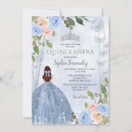 Convites Dusty Blue Silver Princesa Floral Quinceañera