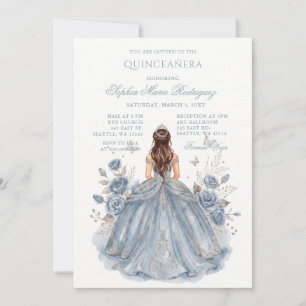Convites Dusty Blue Silver Princess Floral Quinceañera